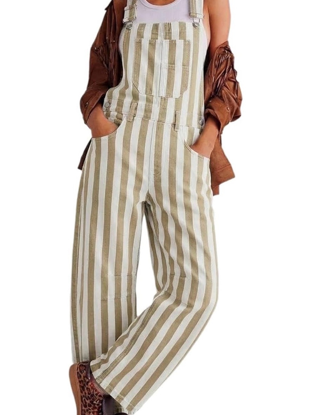 Striped Tan and White Wide-Leg Overalls - Women's Jeans Size M NWT